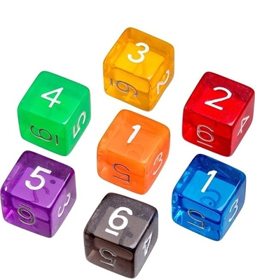 Dobbelstenen 6-zijdig transparant, 7 stuks