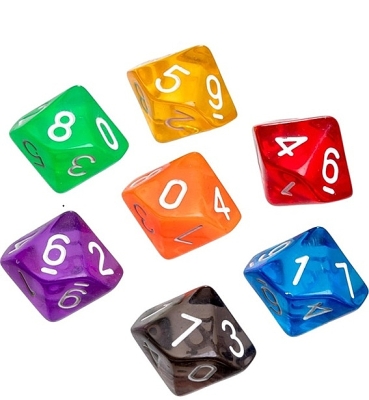 Dobbelstenen 10-zijdig transparant, 7 stuks