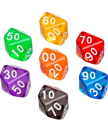 Dobbelstenen 10-zijdig transparant, 7 stuks