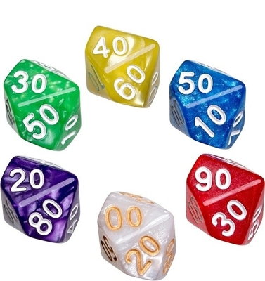 Dobbelstenen 10-zijdig pearl, 6 stuks